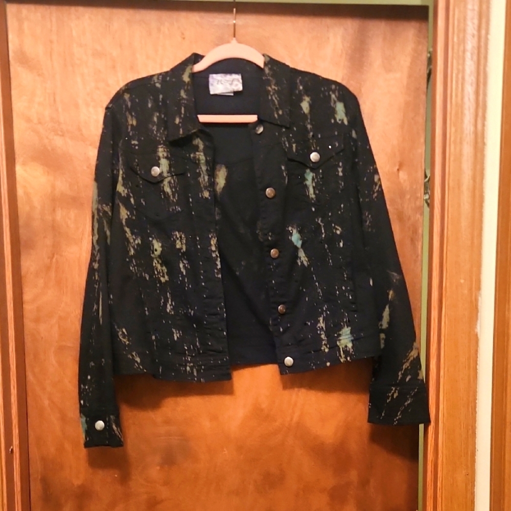 Black and Green Women's Dyed Jacket With Black Rhinestone Detail Size MEDIUM